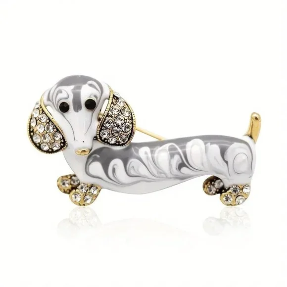 Dog Brooch Dachshund Weiner Enamel Rhinestone Pin Stylish Sparkle Hot Doxie Glam - Picture 4 of 4